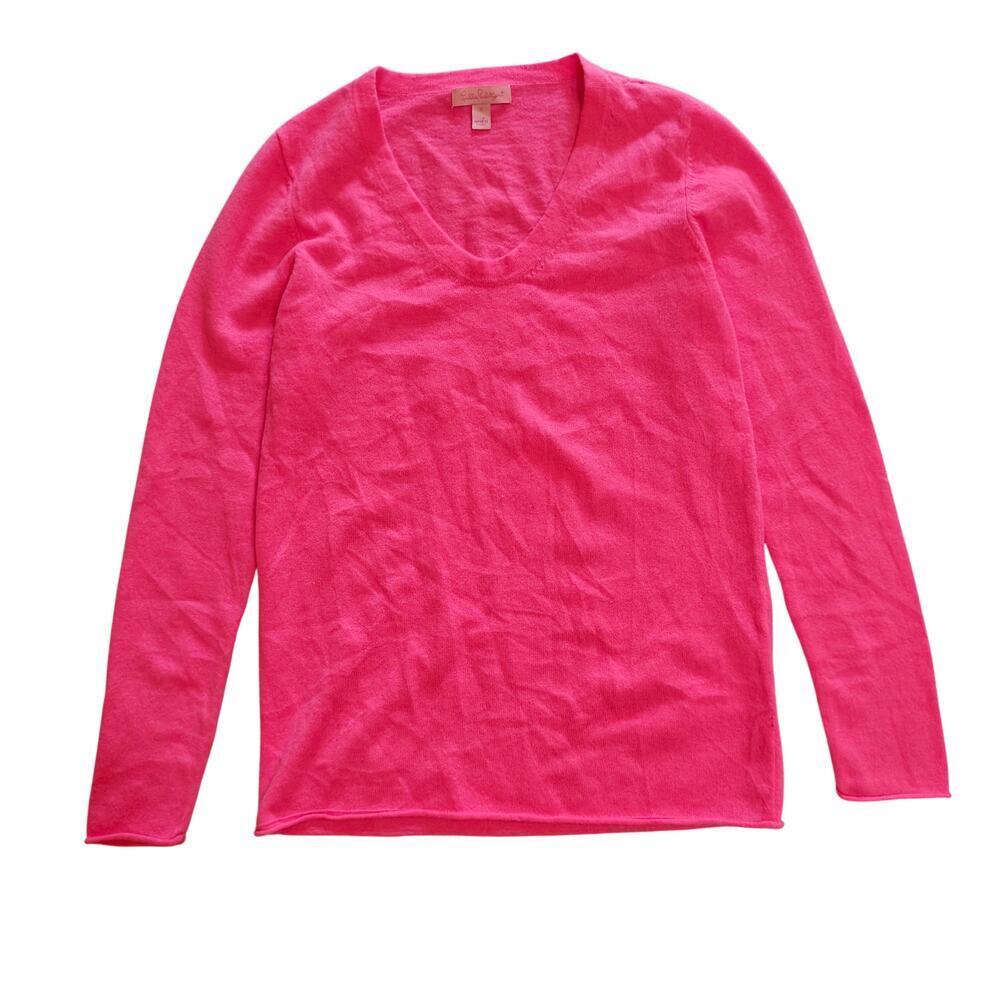 Lilly Pulitzer Hot Pink 100% Cashmere V-Neck Sweater Gold Cuff Buttons S
